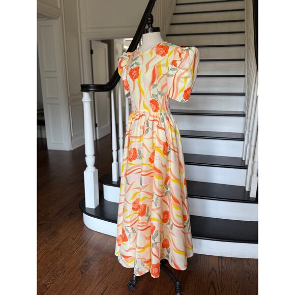 Vintage 80s does 30s 40s Orange Sherbet Coral Floral Maxi Dress Poof Sleeve - Picture 9 of 12